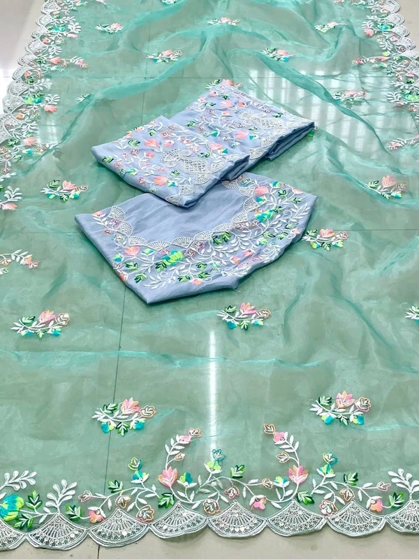 FANCY SOFT ORGENZA SAREE MULTI BUTTA WORK NAD CUTWORK BORDER - Algae Green