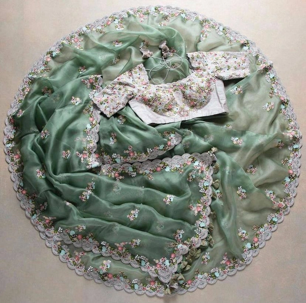 FANCY SOFT ORGENZA SAREE MULTI BUTTA WORK NAD CUTWORK BORDER - Algae Green