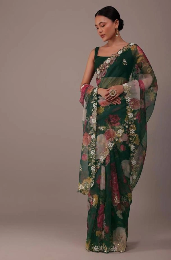 FWVLS BEAUTIFUL PRINTED ORGENZA SAREE WITH SIMPLE EMBROIDERY AND CUT WORK - Green Pea