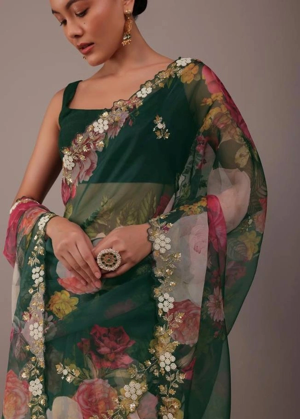 FWVLS BEAUTIFUL PRINTED ORGENZA SAREE WITH SIMPLE EMBROIDERY AND CUT WORK - Green Pea
