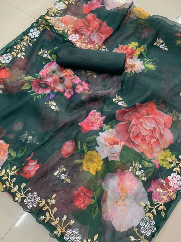 FWVLS BEAUTIFUL PRINTED ORGENZA SAREE WITH SIMPLE EMBROIDERY AND CUT WORK - Green Pea