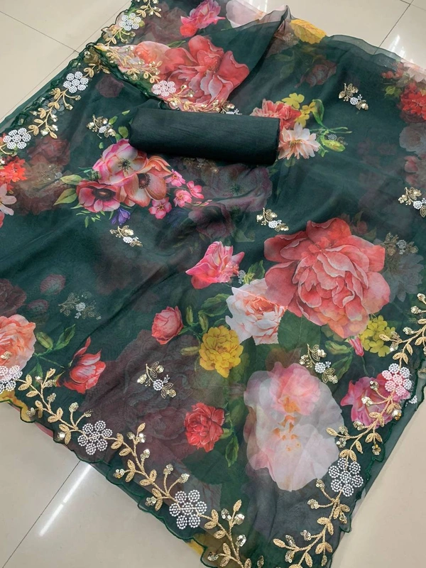 FWVLS BEAUTIFUL PRINTED ORGENZA SAREE WITH SIMPLE EMBROIDERY AND CUT WORK - Green Pea
