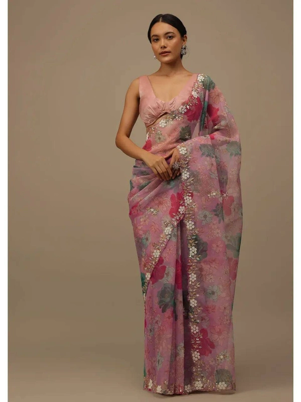 FWVLS BEAUTIFUL PRINTED ORGENZA SAREE WITH SIMPLE EMBROIDERY AND CUT WORK - Pink