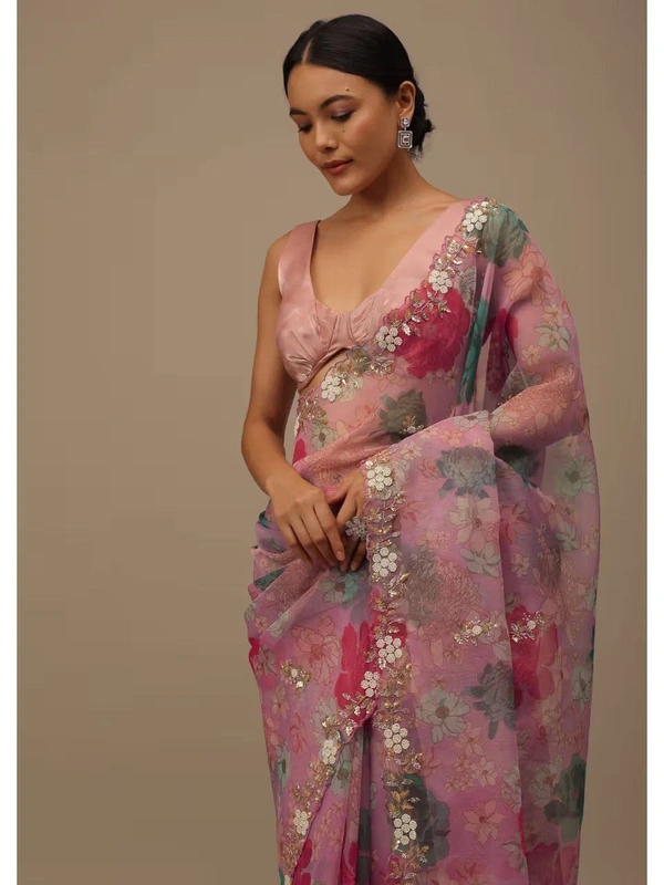FWVLS BEAUTIFUL PRINTED ORGENZA SAREE WITH SIMPLE EMBROIDERY AND CUT WORK - Pink