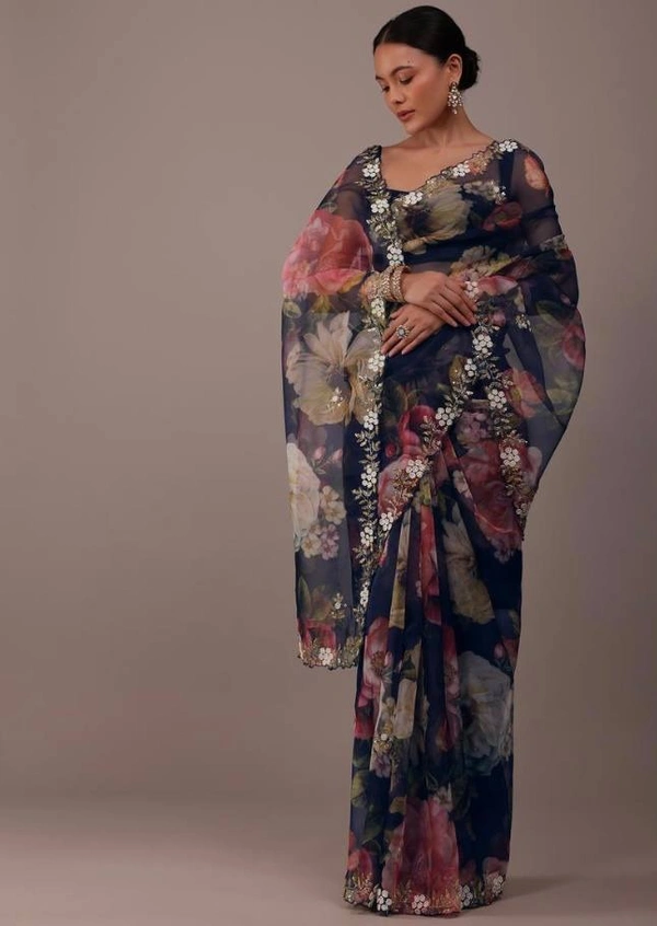 FWVLS BEAUTIFUL PRINTED ORGENZA SAREE WITH SIMPLE EMBROIDERY AND CUT WORK - Navy Blue