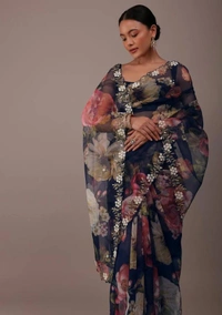 FWVLS BEAUTIFUL PRINTED ORGENZA SAREE WITH SIMPLE EMBROIDERY AND CUT WORK - Navy Blue