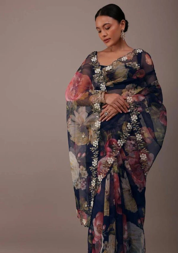 FWVLS BEAUTIFUL PRINTED ORGENZA SAREE WITH SIMPLE EMBROIDERY AND CUT WORK - Navy Blue
