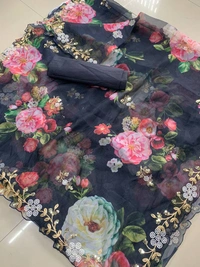 FWVLS BEAUTIFUL PRINTED ORGENZA SAREE WITH SIMPLE EMBROIDERY AND CUT WORK - Navy Blue