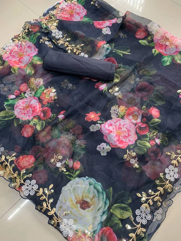 FWVLS BEAUTIFUL PRINTED ORGENZA SAREE WITH SIMPLE EMBROIDERY AND CUT WORK - Navy Blue