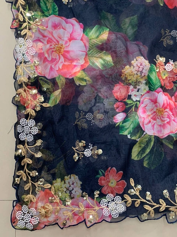 FWVLS BEAUTIFUL PRINTED ORGENZA SAREE WITH SIMPLE EMBROIDERY AND CUT WORK - Navy Blue