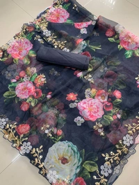 FWVLS BEAUTIFUL PRINTED ORGENZA SAREE WITH SIMPLE EMBROIDERY AND CUT WORK - Navy Blue