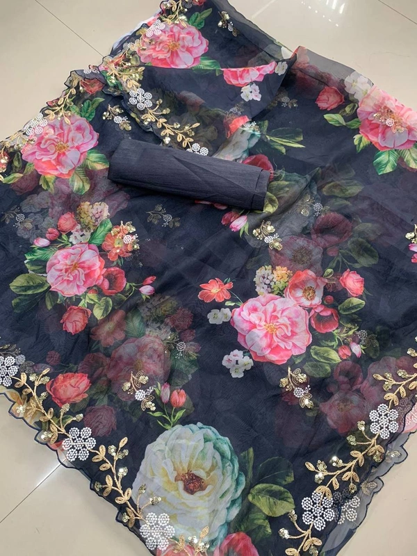 FWVLS BEAUTIFUL PRINTED ORGENZA SAREE WITH SIMPLE EMBROIDERY AND CUT WORK - Navy Blue