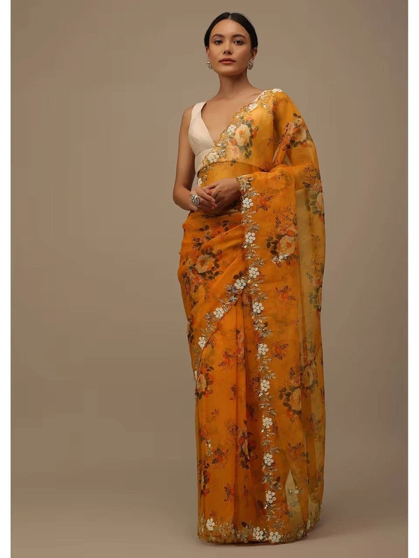 FWVLS BEAUTIFUL PRINTED ORGENZA SAREE WITH SIMPLE EMBROIDERY AND CUT WORK - Yellow