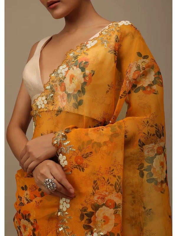 FWVLS BEAUTIFUL PRINTED ORGENZA SAREE WITH SIMPLE EMBROIDERY AND CUT WORK - Yellow