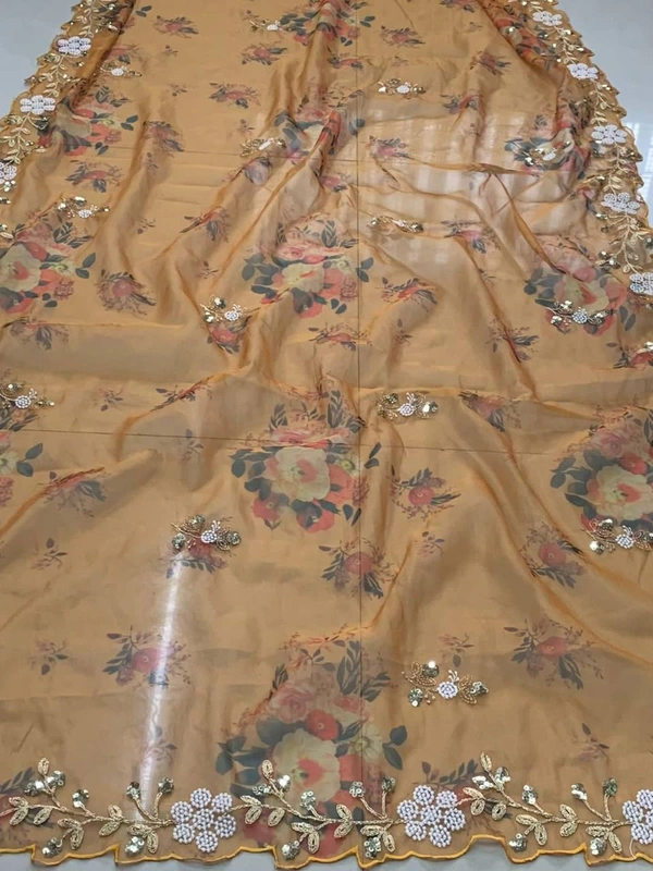 FWVLS BEAUTIFUL PRINTED ORGENZA SAREE WITH SIMPLE EMBROIDERY AND CUT WORK - Yellow
