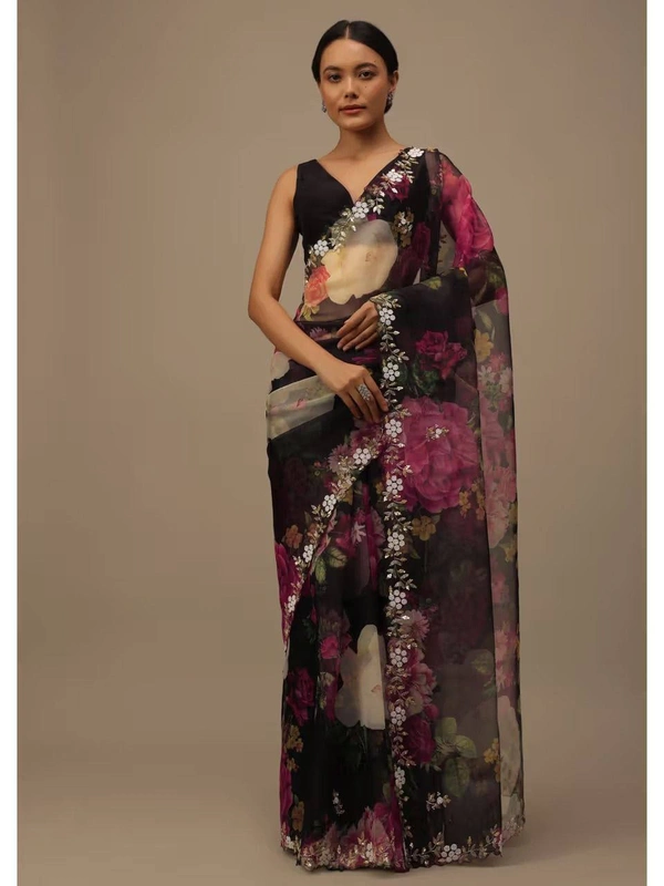 FWVLS BEAUTIFUL PRINTED ORGENZA SAREE WITH SIMPLE EMBROIDERY AND CUT WORK - Black