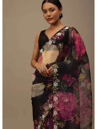 FWVLS BEAUTIFUL PRINTED ORGENZA SAREE WITH SIMPLE EMBROIDERY AND CUT WORK - Black