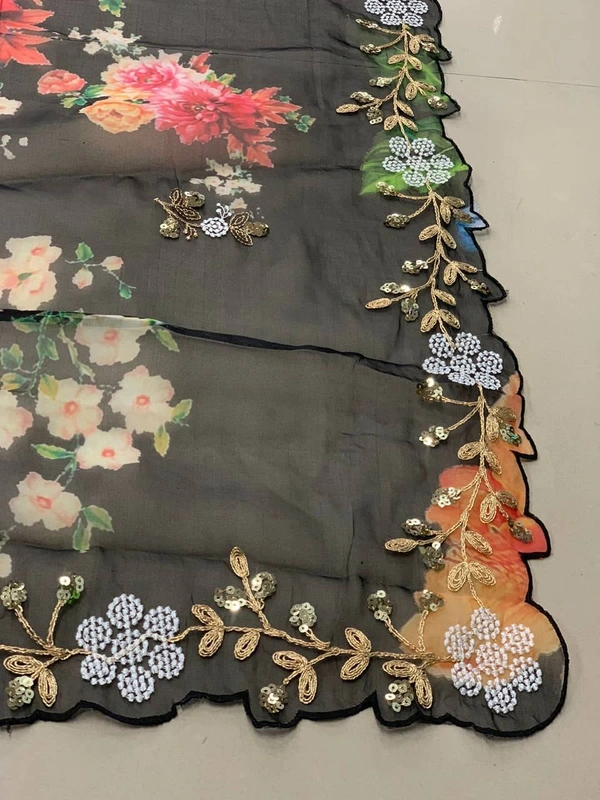 FWVLS BEAUTIFUL PRINTED ORGENZA SAREE WITH SIMPLE EMBROIDERY AND CUT WORK - Black