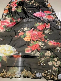 FWVLS BEAUTIFUL PRINTED ORGENZA SAREE WITH SIMPLE EMBROIDERY AND CUT WORK - Black