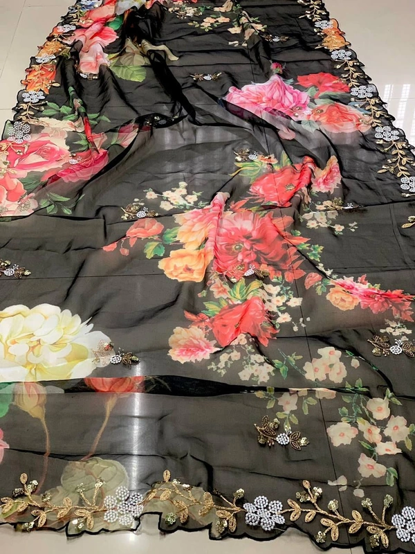 FWVLS BEAUTIFUL PRINTED ORGENZA SAREE WITH SIMPLE EMBROIDERY AND CUT WORK - Black