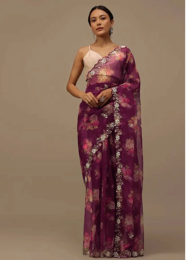 FWVLS BEAUTIFUL PRINTED ORGENZA SAREE WITH SIMPLE EMBROIDERY AND CUT WORK - Cannon Pink