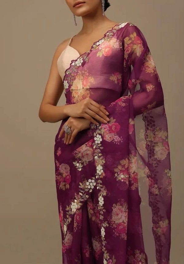 FWVLS BEAUTIFUL PRINTED ORGENZA SAREE WITH SIMPLE EMBROIDERY AND CUT WORK - Cannon Pink