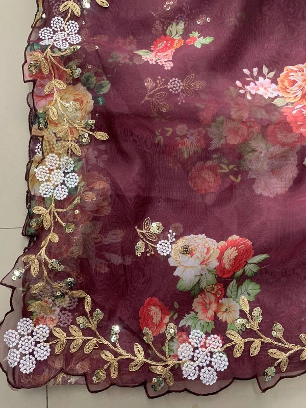 FWVLS BEAUTIFUL PRINTED ORGENZA SAREE WITH SIMPLE EMBROIDERY AND CUT WORK - Cannon Pink