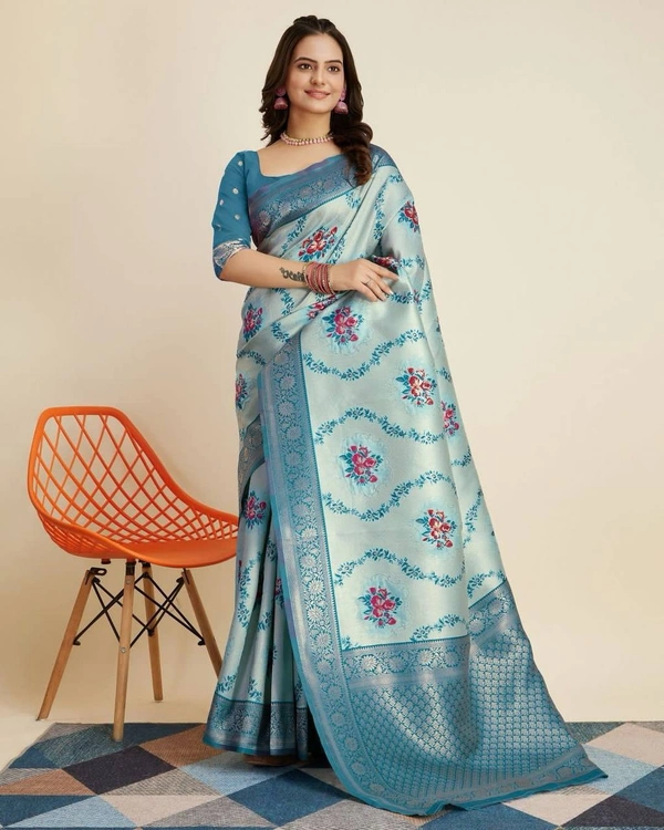 FWVLS DESIGNER BANARASI SILK JACQUARD SAREE WITH JARI THREAD - Rock Blue