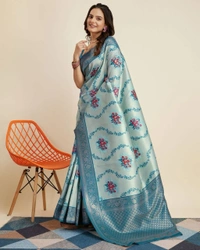 FWVLS DESIGNER BANARASI SILK JACQUARD SAREE WITH JARI THREAD - Rock Blue