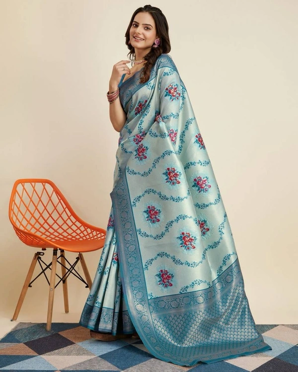 FWVLS DESIGNER BANARASI SILK JACQUARD SAREE WITH JARI THREAD - Rock Blue