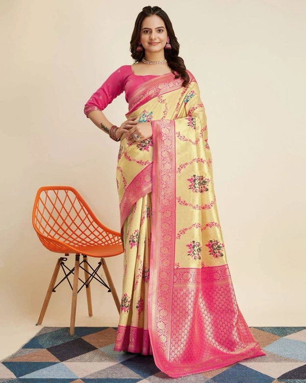 FWVLS DESIGNER BANARASI SILK JACQUARD SAREE WITH JARI THREAD - Putty