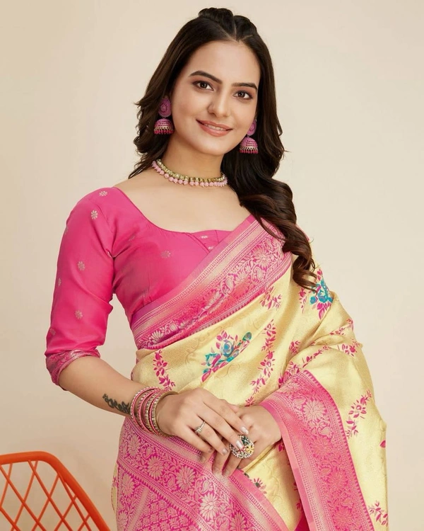 FWVLS DESIGNER BANARASI SILK JACQUARD SAREE WITH JARI THREAD - Putty