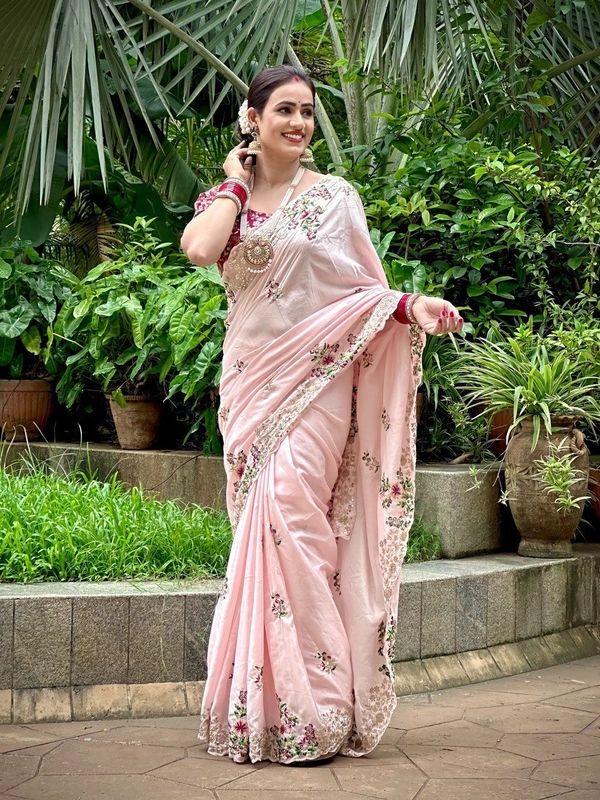 FWVLSPINKFLORAL party wear pink dola silk saree with heavy embroidery - Pink