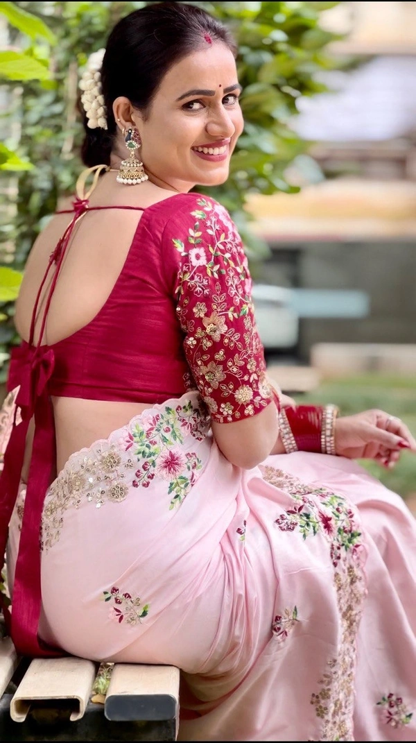 FWVLSPINKFLORAL party wear pink dola silk saree with heavy embroidery - Pink