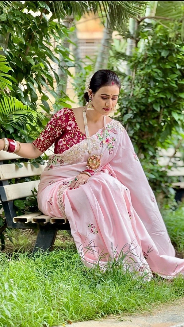 FWVLSPINKFLORAL party wear pink dola silk saree with heavy embroidery - Pink