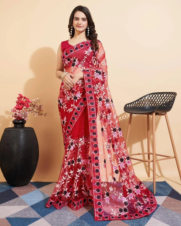 FWVLS FANCY SOFT NET CHIKANKARI EMBROIDERY DESIGN SAREE - Red