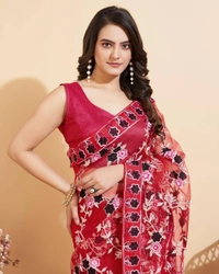 FWVLS FANCY SOFT NET CHIKANKARI EMBROIDERY DESIGN SAREE - Red