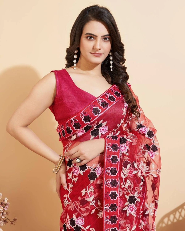 FWVLS FANCY SOFT NET CHIKANKARI EMBROIDERY DESIGN SAREE - Red
