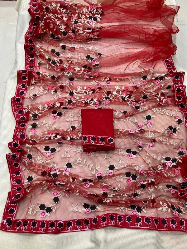 FWVLS FANCY SOFT NET CHIKANKARI EMBROIDERY DESIGN SAREE - Red