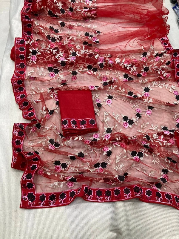 FWVLS FANCY SOFT NET CHIKANKARI EMBROIDERY DESIGN SAREE - Red