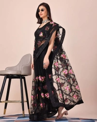 FWVLS SOFT NET CHIKANKARI EMBROIDERY DESIGN SAREE WITH PIPING BORDER AND LACE - Black