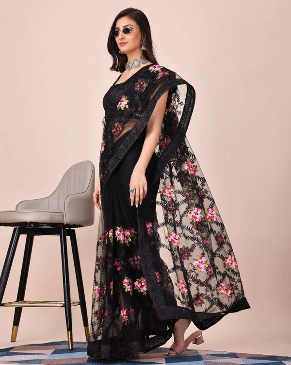FWVLS SOFT NET CHIKANKARI EMBROIDERY DESIGN SAREE WITH PIPING BORDER AND LACE - Black