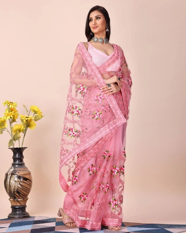 FWVLS SOFT NET CHIKANKARI EMBROIDERY DESIGN SAREE WITH PIPING BORDER AND LACE - Pink