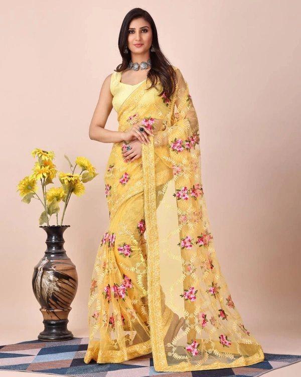 FWVLS SOFT NET CHIKANKARI EMBROIDERY DESIGN SAREE WITH PIPING BORDER AND LACE - Yellow