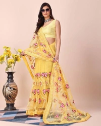FWVLS SOFT NET CHIKANKARI EMBROIDERY DESIGN SAREE WITH PIPING BORDER AND LACE - Yellow