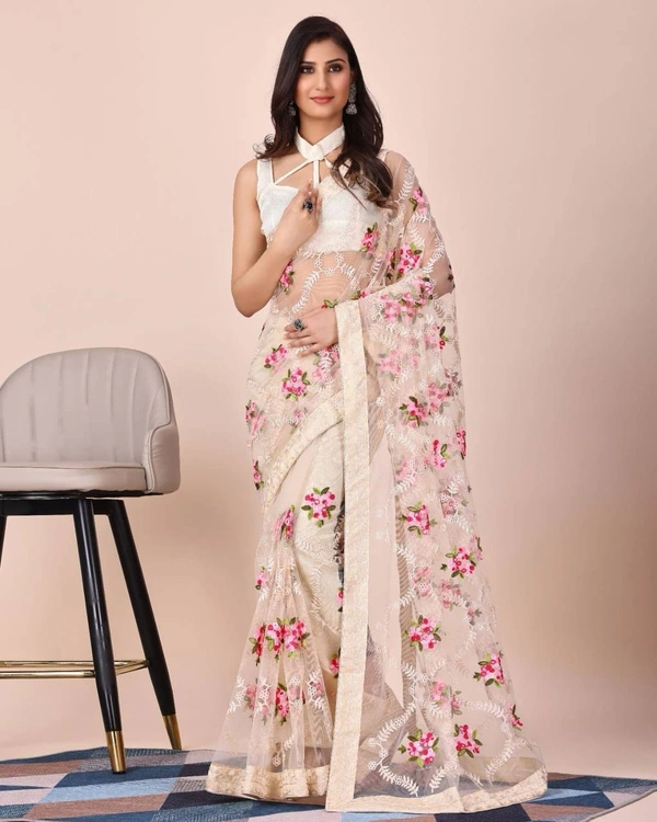 FWVLS SOFT NET CHIKANKARI EMBROIDERY DESIGN SAREE WITH PIPING BORDER AND LACE - White