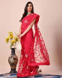 FWVLS SOFT NET CHIKANKARI EMBROIDERY DESIGN SAREE WITH PIPING BORDER AND LACE - Red