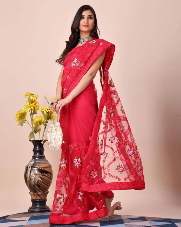 FWVLS SOFT NET CHIKANKARI EMBROIDERY DESIGN SAREE WITH PIPING BORDER AND LACE - Red