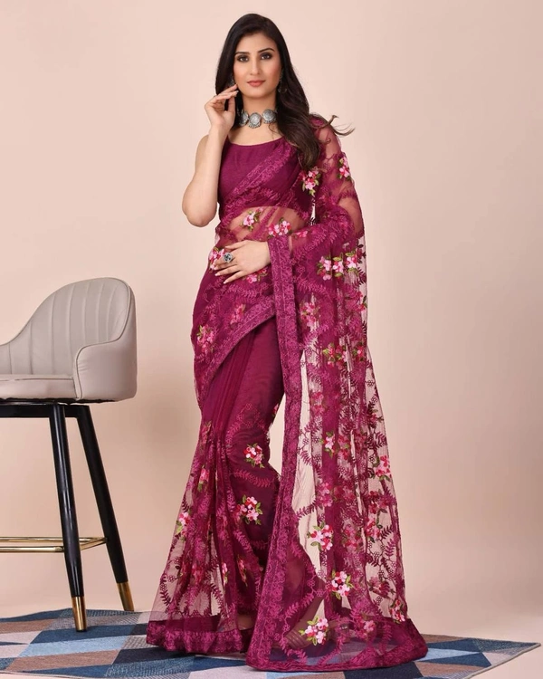 FWVLS SOFT NET CHIKANKARI EMBROIDERY DESIGN SAREE WITH PIPING BORDER AND LACE - Falu Red
