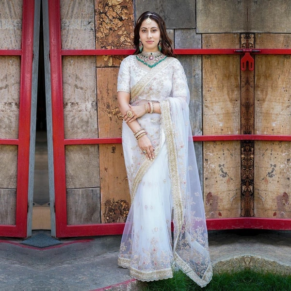 FWVLS BEAUTIFUL WHITE SOFT NET SAREE WITH HEAVY EMBROIDERY WORK - White